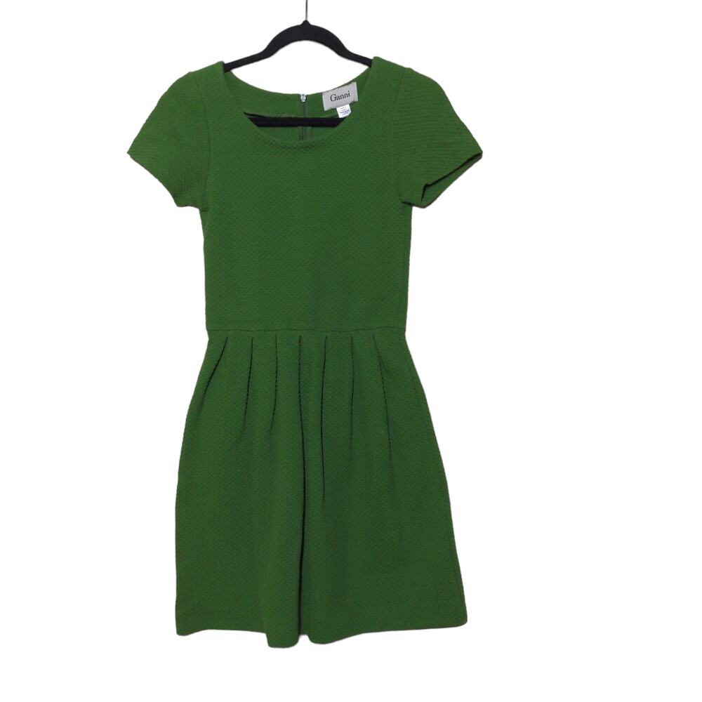Ganni Womens Fit & Flare Dress Green Mini Stretch Scoop Neck Short Sleeve Zip XS